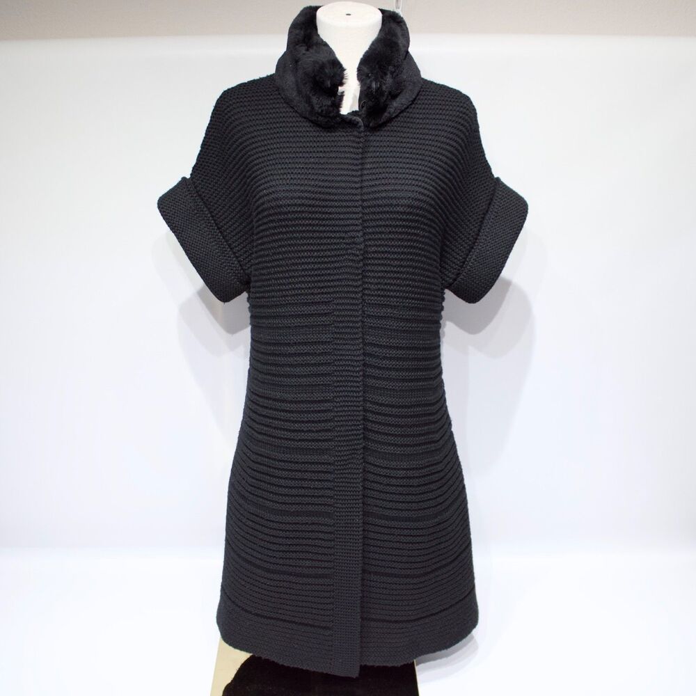 Lafayette 148 Black 100% Wool Yarn Cardigan Sweater Dress Rabbit Fur Collar Med.